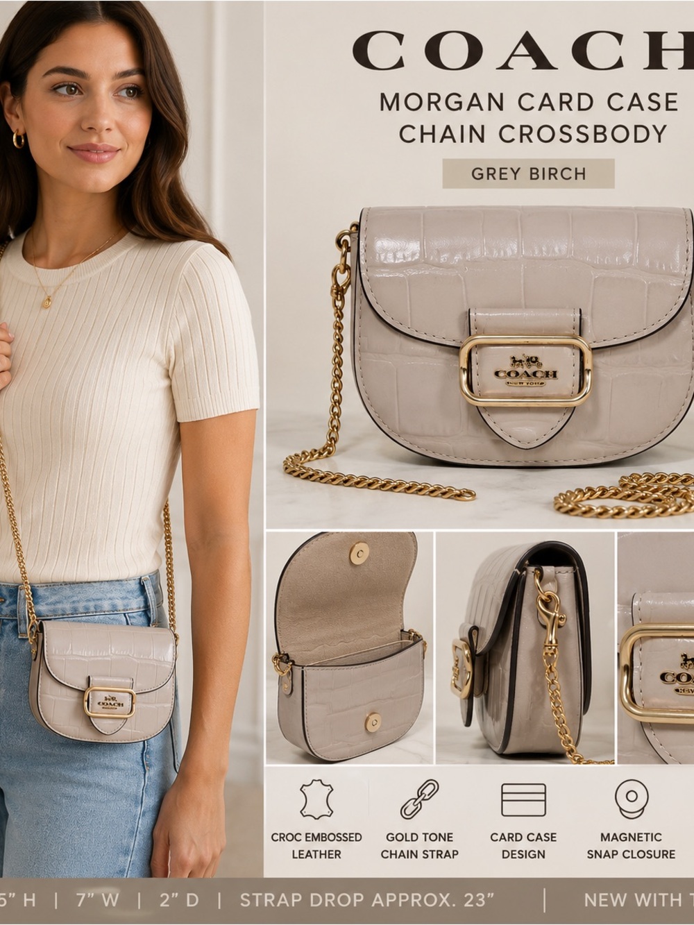 NWT Coach Grey Birch Morgan Croc-Embossed Card Case Crossbody with Gold Chain